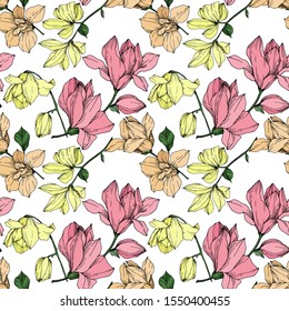 Vector Magnolia floral botanical flowers. Wild spring leaf wildflower isolated. Black and white engraved ink art. Seamless background pattern. Fabric wallpaper print texture.