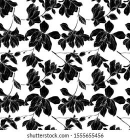 Vector Magnolia floral botanical flowers. Wild spring leaf wildflower isolated. Black and white engraved ink art. Seamless background pattern. Fabric wallpaper print texture.