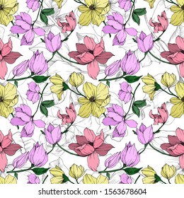 Vector Magnolia floral botanical flowers. Wild spring leaf wildflower isolated. Black and white engraved ink art. Seamless background pattern. Fabric wallpaper print texture.