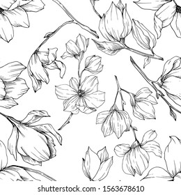 Vector Magnolia floral botanical flowers. Wild spring leaf wildflower isolated. Black and white engraved ink art. Seamless background pattern. Fabric wallpaper print texture.