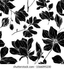 Vector Magnolia floral botanical flowers. Wild spring leaf wildflower isolated. Black and white engraved ink art. Seamless background pattern. Fabric wallpaper print texture.