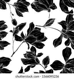 Vector Magnolia floral botanical flowers. Wild spring leaf wildflower isolated. Black and white engraved ink art. Seamless background pattern. Fabric wallpaper print texture.