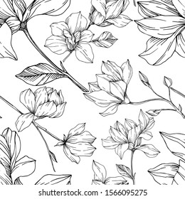 Vector Magnolia floral botanical flowers. Wild spring leaf wildflower isolated. Black and white engraved ink art. Seamless background pattern. Fabric wallpaper print texture.