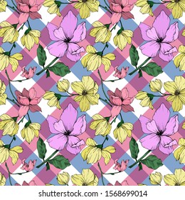 Vector Magnolia floral botanical flowers. Wild spring leaf wildflower isolated. Black and white engraved ink art. Seamless background pattern. Fabric wallpaper print texture.