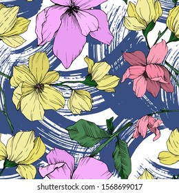 Vector Magnolia floral botanical flowers. Wild spring leaf wildflower isolated. Black and white engraved ink art. Seamless background pattern. Fabric wallpaper print texture.
