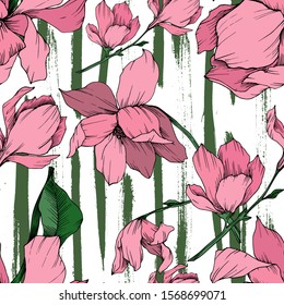 Vector Magnolia floral botanical flowers. Wild spring leaf wildflower isolated. Black and white engraved ink art. Seamless background pattern. Fabric wallpaper print texture.