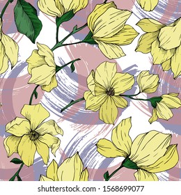 Vector Magnolia floral botanical flowers. Wild spring leaf wildflower isolated. Black and white engraved ink art. Seamless background pattern. Fabric wallpaper print texture.