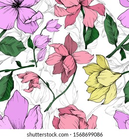 Vector Magnolia floral botanical flowers. Wild spring leaf wildflower isolated. Black and white engraved ink art. Seamless background pattern. Fabric wallpaper print texture.