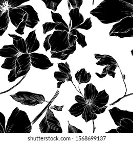 Vector Magnolia floral botanical flowers. Wild spring leaf wildflower isolated. Black and white engraved ink art. Seamless background pattern. Fabric wallpaper print texture.