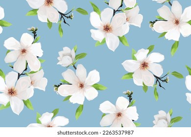 Vector magnolia flowers, leaves bouquet seamless pattern. Watercolor style spring hand-drawn illustration. Lovely wedding invite, Mother's Day, 8 march decoration. Background, fabric textile art print