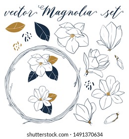 Vector Magnolia set. Hand drawn botanical elements in line art style. Magnolia flowers,leaves, buds and wreath isolated on white background.