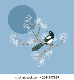 Vektorgrafik-Vogelkartendesign auf hellblauem Hintergrund. Elegantes natürliches Poster im chinesischen Stil. Tiergrafik.