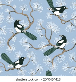 Vector magpie bird seamless pattern on light blue background. Elegance natural print design for fabric, wrapping paper or wallpaper. Animal vintage illustration.
