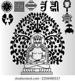 Vektorgrafik von Mahavir Swami. Herr des Jain Religious Volkes. Datei enthält Symbole im Zusammenhang mit einer bestimmten Religion