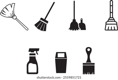 Vector maid, hotel cleaning equipment, trash bin, broom, detergent, broom icon set drawings