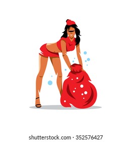 Vector Maiden with sack of gifts Cartoon Illustration. A Girl with a bag in a red Christmas costumes. Branding Identity Corporate Logo isolated on a white background