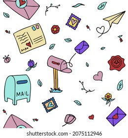 Vector mail doodles Seamless Pattern. Icons with paper envelopes, letters, email. A children s notebook in a cage with drawings of postal items. Hand-drawn elements for email