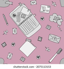 Vector mail doodles Seamless Pattern. Icons with paper envelopes, letters, email. A children s notebook in a cage with drawings of postal items. Hand-drawn elements for email