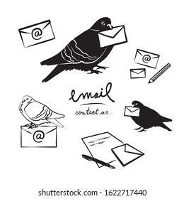 Vector mail icons, collection of vector homing pigeon delivering email, mail or letters, variable hand drawn design