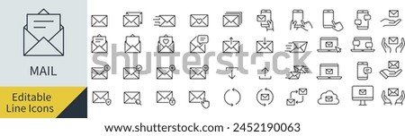 Vector Mail Line Art Icon Set with Editable Lines (Not Outlined)