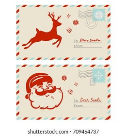 Vector mail to Santa. Cards with deer, snowflakes and stamps.