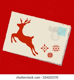 Vector mail to Santa. Envelope with deer, snowflakes and stamps