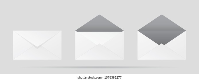 Vector mail three envelopes open, closed, front, end view on white background