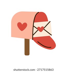 Buzón de Vector con corazón y carta de amor. Clipart linda para el día de San Valentín, correo, mensajes románticos, tarjetas de felicitación, boda y diseño festivo en estilo plano.