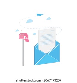 Buzón vectorial con nueva letra abierta en sobre. Correspondencia con mensajes volumétricos en 3D en aviones de papel. Correo electrónico para la comunicación en Internet. Publicación.