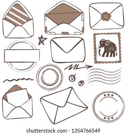 Vector of mailing icons with envelopes and stamps on white background