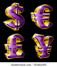 Vector main currency symbols in 3D style. Dollar, Euro, Pound  and Yen.