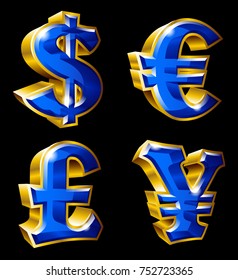 Vector main currency symbols in 3D style. Dollar, Euro, Pound  and Yen.