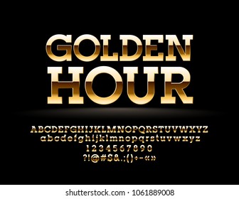 Vector majestic Text Golden Hour. Chic reflective Font. Glossy Glamour Alphabet Letters, Numbers and Symbols