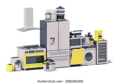 Vector major and small kitchen appliances. Large and small domestic electric cooking equipment. Kitchen stove, oven, coffee maker, refrigerator, food processor, juicer, microwave, dishwasher