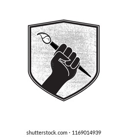 Vector Make Art Not War Artist Fist in Military Badge Holding Paint Brush in Black and White with textured patch background.