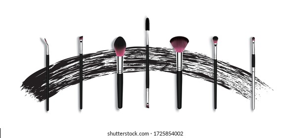 Vector make up brushes for mascara and powder. Besign concept with mascara stroke. Realistic cosmetic brushes set banner on white background.