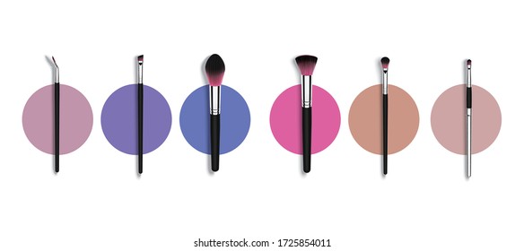 Vector make up brushes for mascara and powder. Besign fashion concept. Realistic cosmetic brushes set banner on white background.