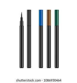 Vector make up eyeliner pencil opened and closed. Set of cosmetic eye pens in black plastic tube with blue brown green caps isolated on white background. Sample for branding. Easy to change.