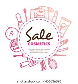 Vector make up icons circle composition. Cosmetics and beauty accessories design concept in doodle style.