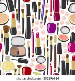 Vector make up illustration. Beauty product seamless pattern. Mascara, lipstick, eyeliner, blush, powder, eyeshadows, perfume, nail polish, brushes and pearls.