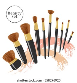 Vector make up illustration. Beauty product set. Eyeliner, blush, powder, eyeshadows brushes. Face sculpting, makeup artist background with grungy stains.