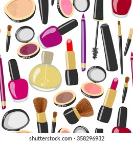 Vector make up illustration. Beauty product seamless pattern. Mascara, lipstick, eyeliner, blush, powder, eyeshadows, perfume, nail polish, brushes.