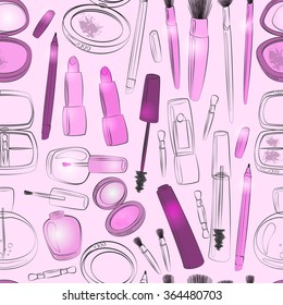 Vector make up illustration. Beauty product seamless pattern in purple. Mascara, lipstick, eyeliner, blush, powder, eyeshadows, perfume, nail polish, brushes with shining.