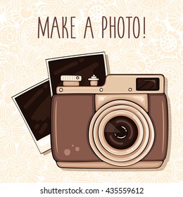 Vector make a photo illustration with retro photo camera and pictures on floral background 