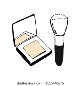 Vector make up products set. Face cosmetic compact and loose powder with brush applicator. Hand draw powder blush brush. Fashion, style, beauty. Graphic, sketch drawing.