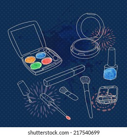 Vector make up set with brushes, eyeshadow palette, face powder, nail polish and watercolor splash.