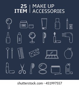 Vector makeup accessories. Cosmetic accessories line art set on dark background