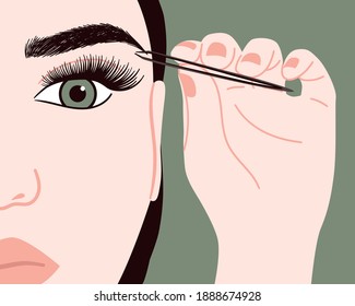 Vector make-up artist plucks eyebrows with tweezers. Beauty salon and professional makeup and cosmetology skin care.