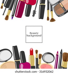 Vector makeup background. Beauty product design template. Mascara, lipstick, eyeliner, blush, powder, eyeshadows, perfume, nail polish, brushes masked with copyspace.