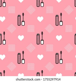 Vector makeup background with mascara and brush staggered. Glamour fashion vogue style. Design for textile, wrapping